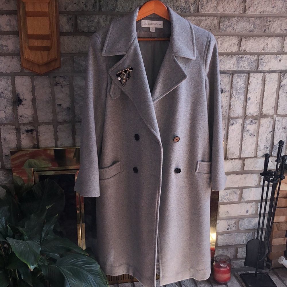 Liz Claiborne 12 Silver Gray Double Breasted Collared Long Pea Coat